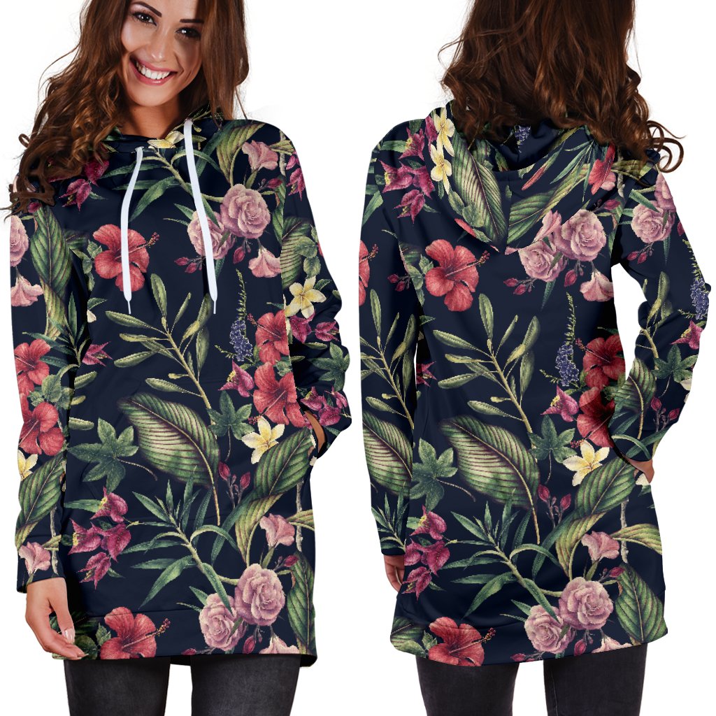 Tropical Flower Pattern Women Hoodie Dress