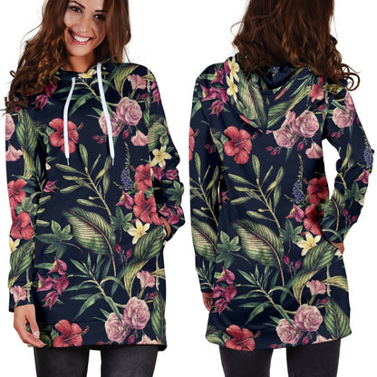 Tropical Flower Pattern Women Hoodie Dress