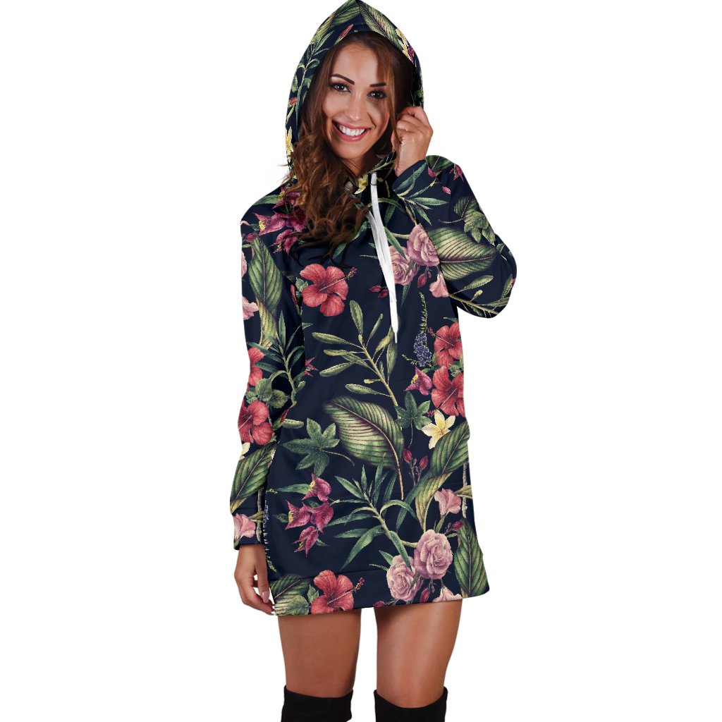 Tropical Flower Pattern Women Hoodie Dress