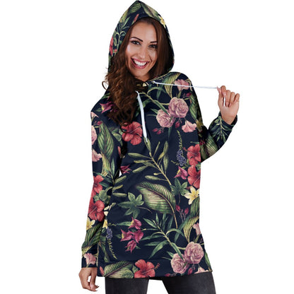 Tropical Flower Pattern Women Hoodie Dress