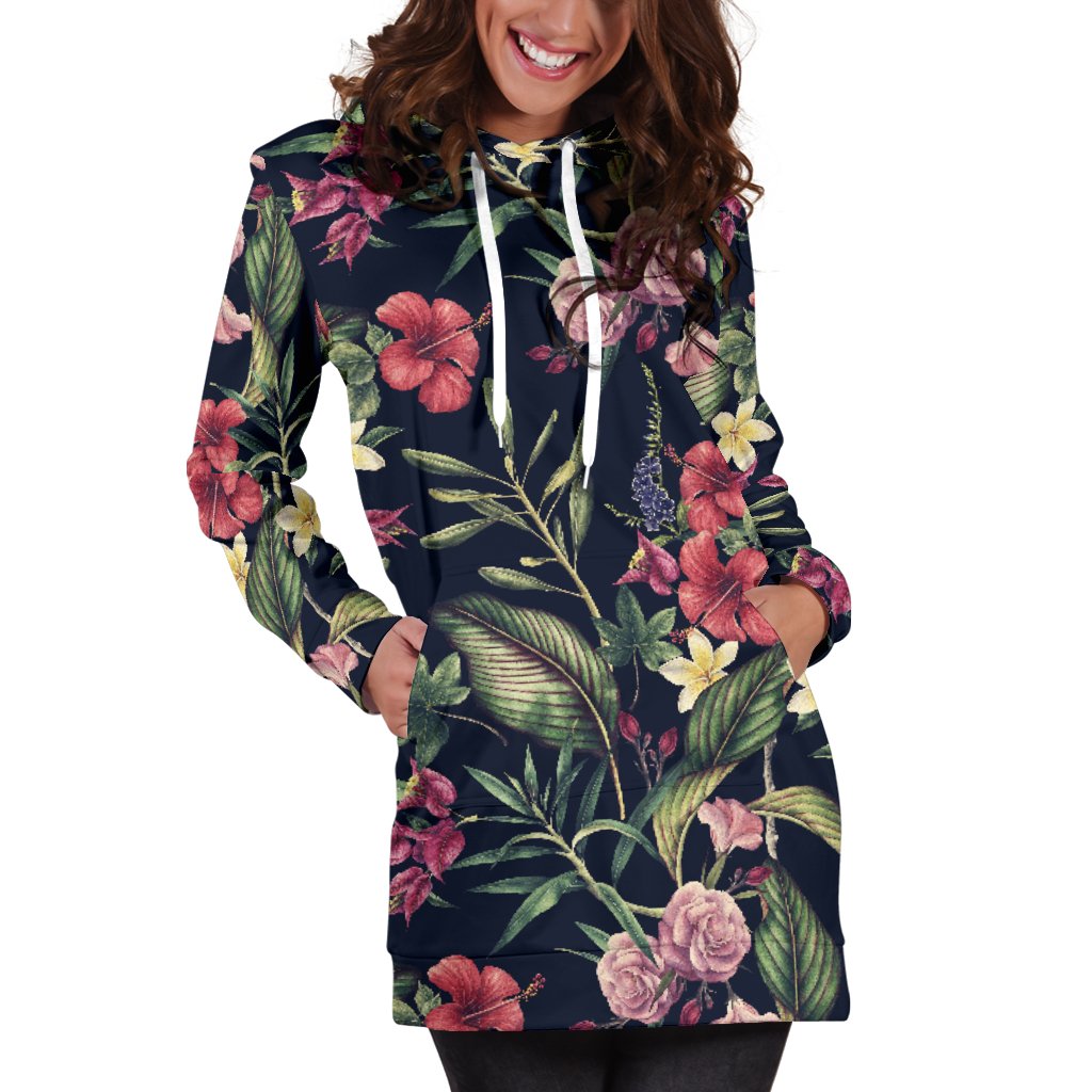Tropical Flower Pattern Women Hoodie Dress