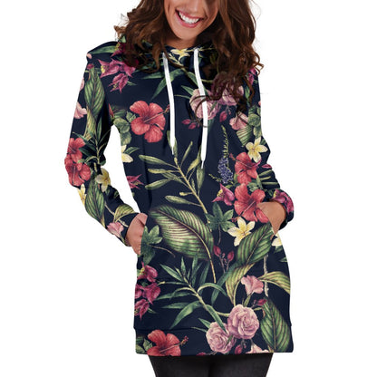 Tropical Flower Pattern Women Hoodie Dress