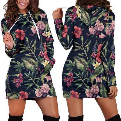 Tropical Flower Pattern Women Hoodie Dress