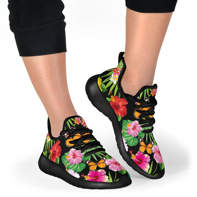 Tropical Flower Themed Design Print Pattern Mesh Knit Sneakers Shoes