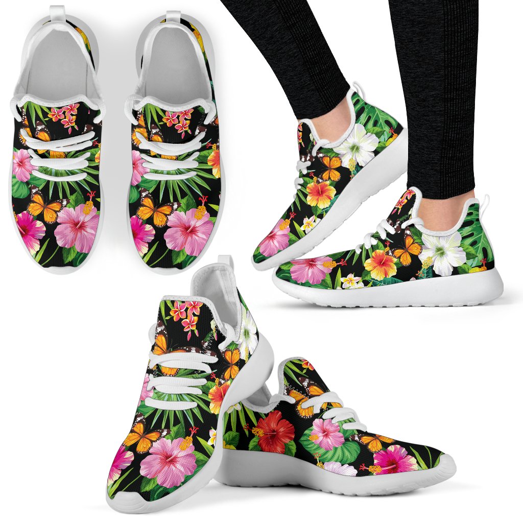 Tropical Flower Themed Design Print Pattern Mesh Knit Sneakers Shoes