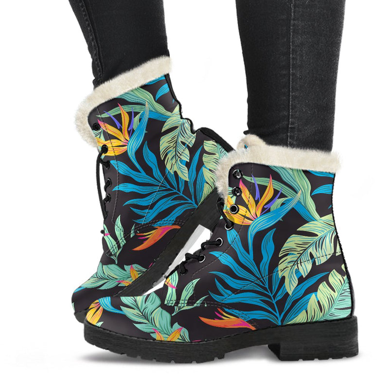 Tropical Palm Leaves Hawaiian Flower Faux Fur Leather Boots