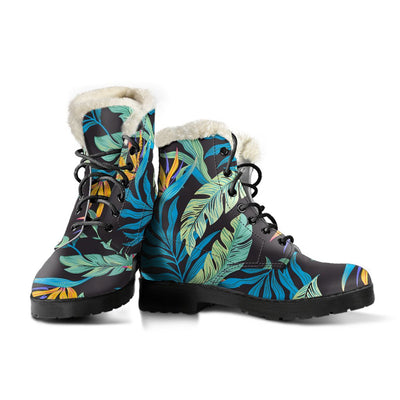 Tropical Palm Leaves Hawaiian Flower Faux Fur Leather Boots