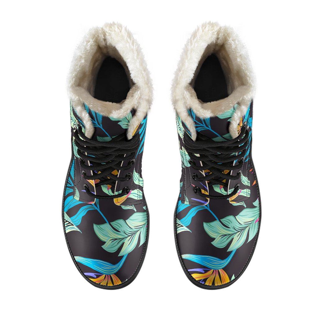 Tropical Palm Leaves Hawaiian Flower Faux Fur Leather Boots