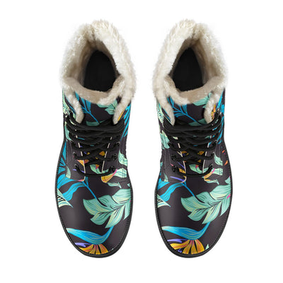 Tropical Palm Leaves Hawaiian Flower Faux Fur Leather Boots