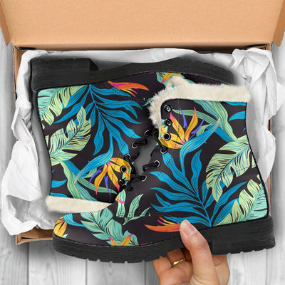 Tropical Palm Leaves Hawaiian Flower Faux Fur Leather Boots