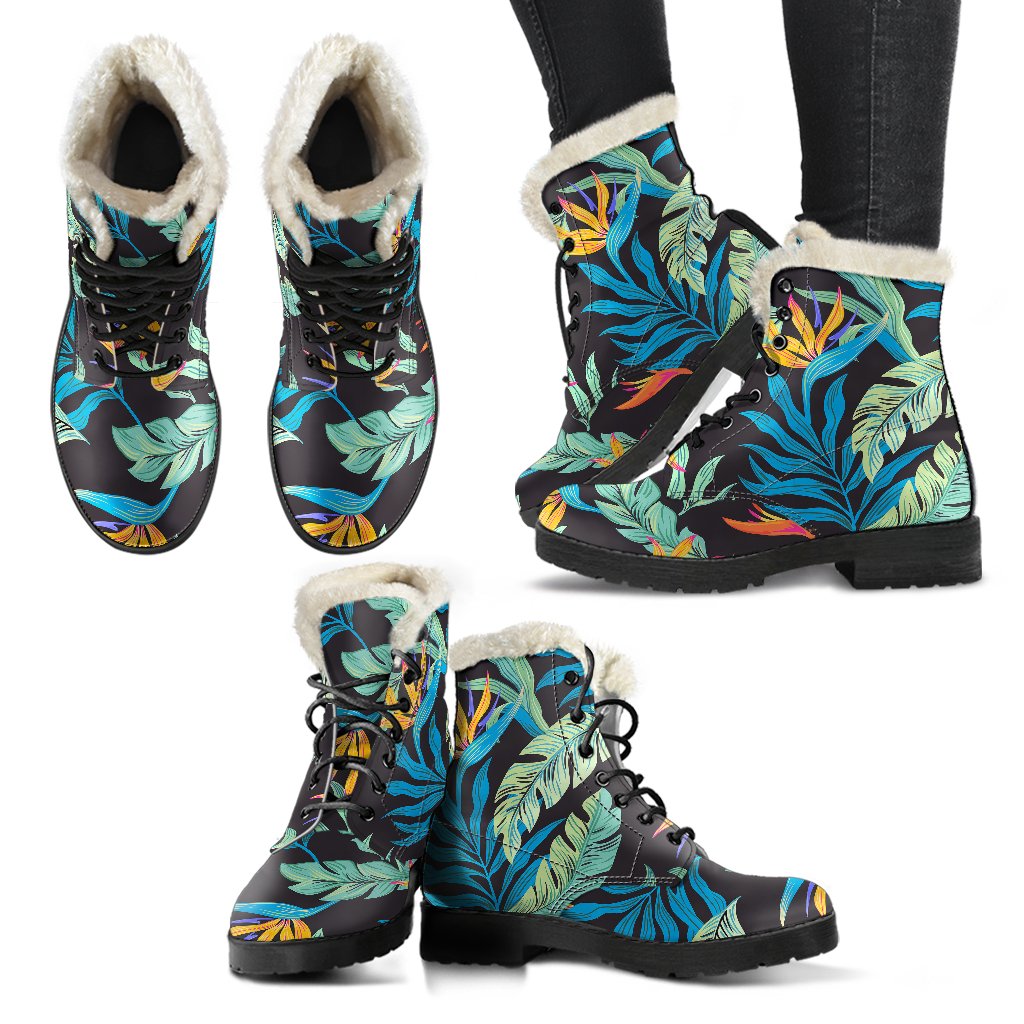 Tropical Palm Leaves Hawaiian Flower Faux Fur Leather Boots