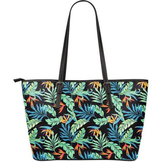 Tropical Palm Leaves Hawaiian Flower Large Leather Tote Bag