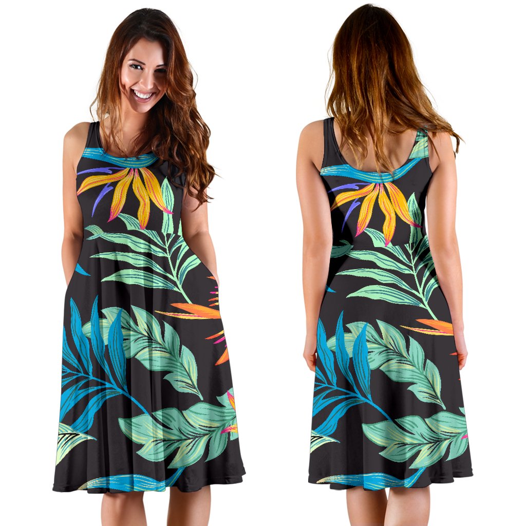 Tropical Palm Leaves Hawaiian Flower Sleeveless Mini Dress