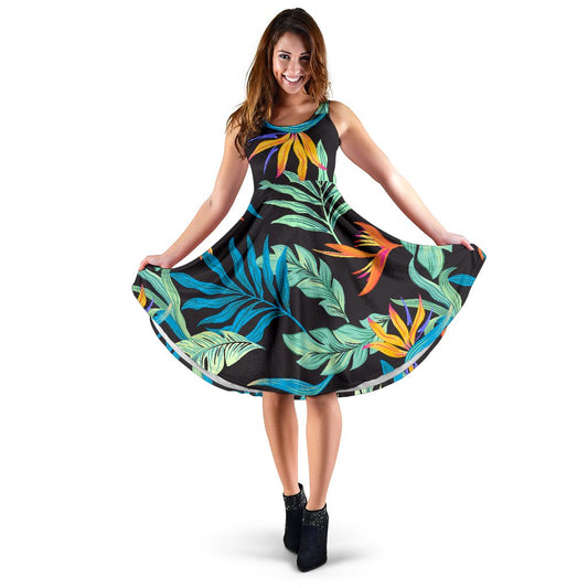 Tropical Palm Leaves Hawaiian Flower Sleeveless Mini Dress