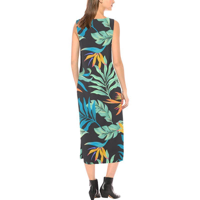 Tropical Palm Leaves Hawaiian Flower Sleeveless Open Fork Long Dress