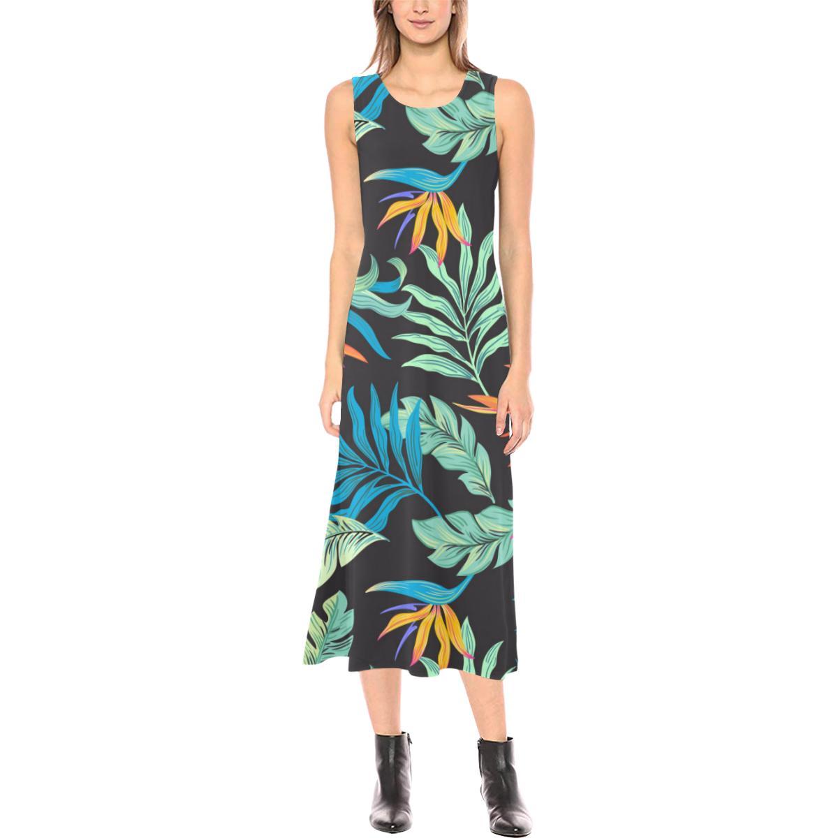 Tropical Palm Leaves Hawaiian Flower Sleeveless Open Fork Long Dress