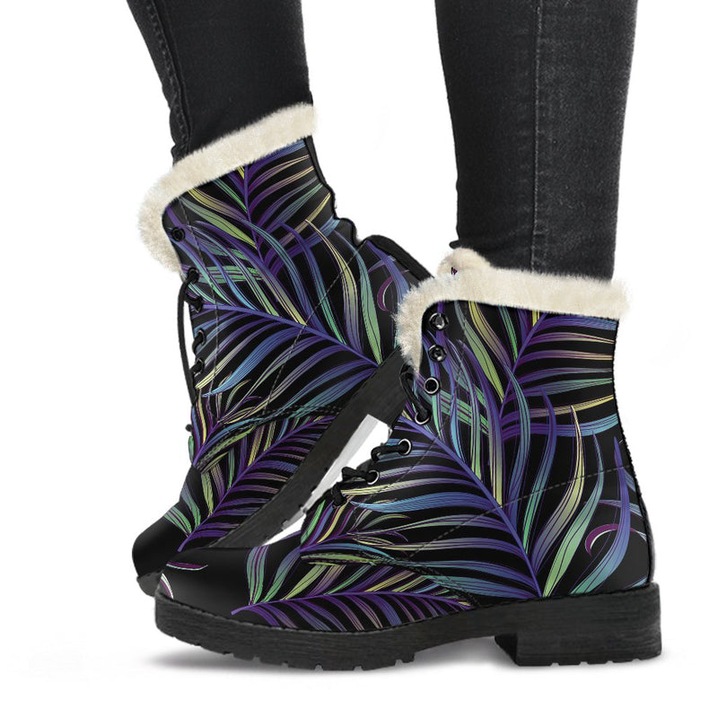 Tropical Palm Leaves Pattern Brightness Faux Fur Leather Boots