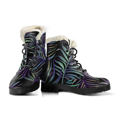 Tropical Palm Leaves Pattern Brightness Faux Fur Leather Boots