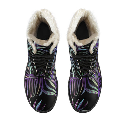 Tropical Palm Leaves Pattern Brightness Faux Fur Leather Boots