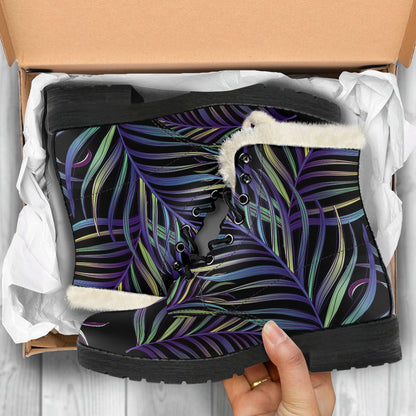 Tropical Palm Leaves Pattern Brightness Faux Fur Leather Boots