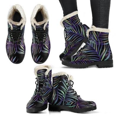 Tropical Palm Leaves Pattern Brightness Faux Fur Leather Boots