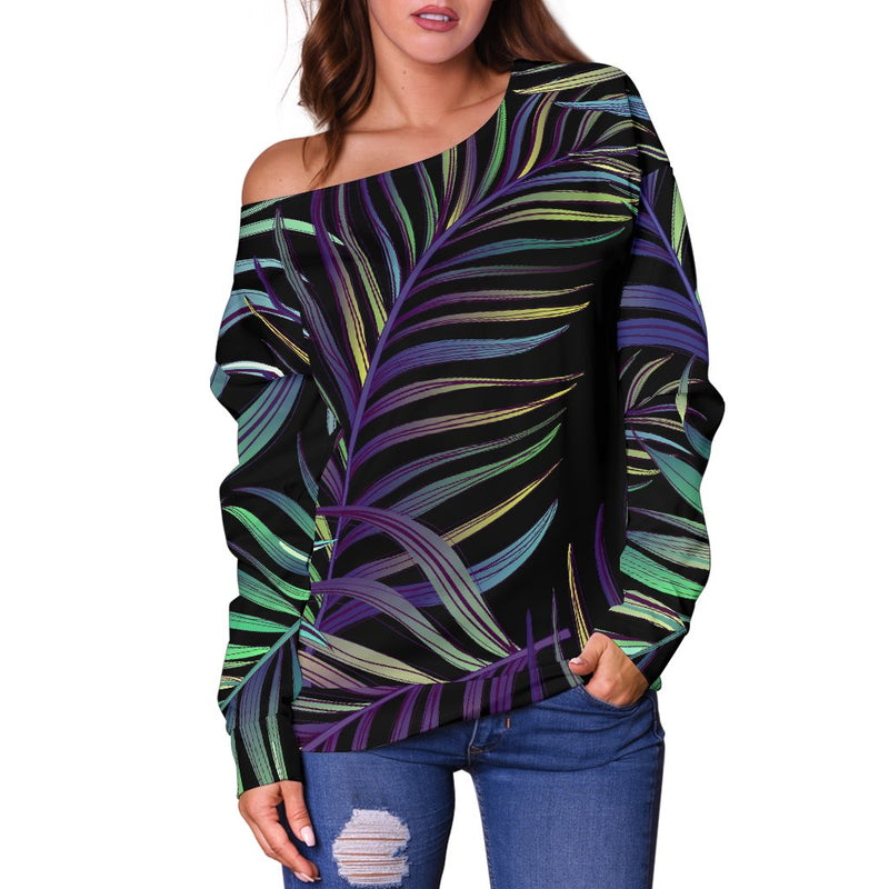 Tropical Palm Leaves Pattern Brightness Off Shoulder Sweatshirt