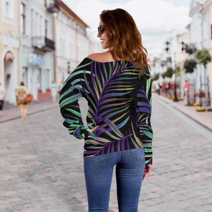 Tropical Palm Leaves Pattern Brightness Off Shoulder Sweatshirt