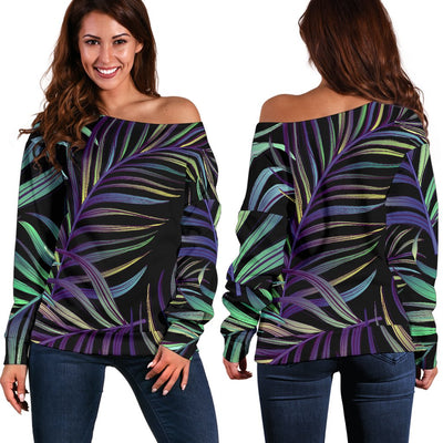 Tropical Palm Leaves Pattern Brightness Off Shoulder Sweatshirt