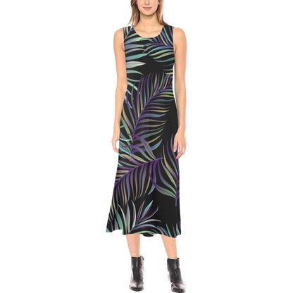 Tropical Palm Leaves Pattern Brightness Sleeveless Open Fork Long Dress