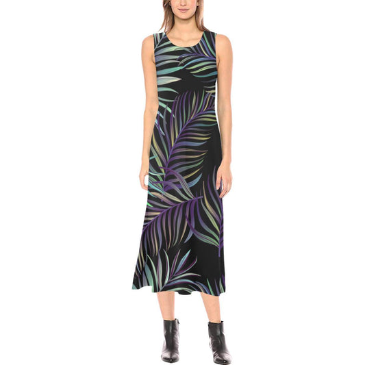 Tropical Palm Leaves Pattern Brightness Sleeveless Open Fork Long Dress