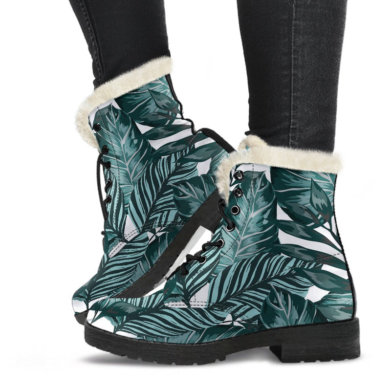 Tropical Palm Leaves Pattern Faux Fur Leather Boots