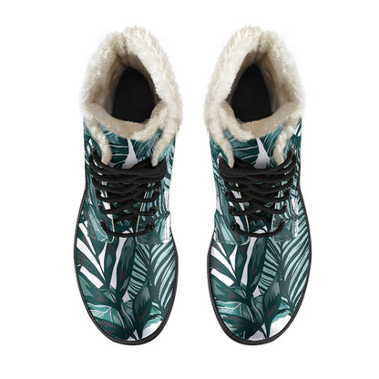 Tropical Palm Leaves Pattern Faux Fur Leather Boots