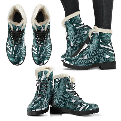 Tropical Palm Leaves Pattern Faux Fur Leather Boots