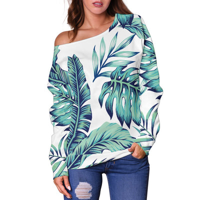 Tropical Palm Leaves Pattern Off Shoulder Sweatshirt