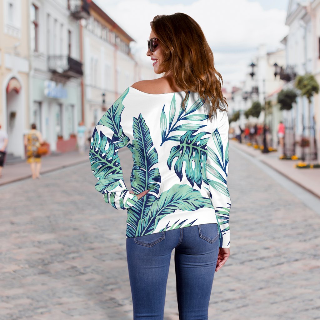 Tropical Palm Leaves Pattern Off Shoulder Sweatshirt