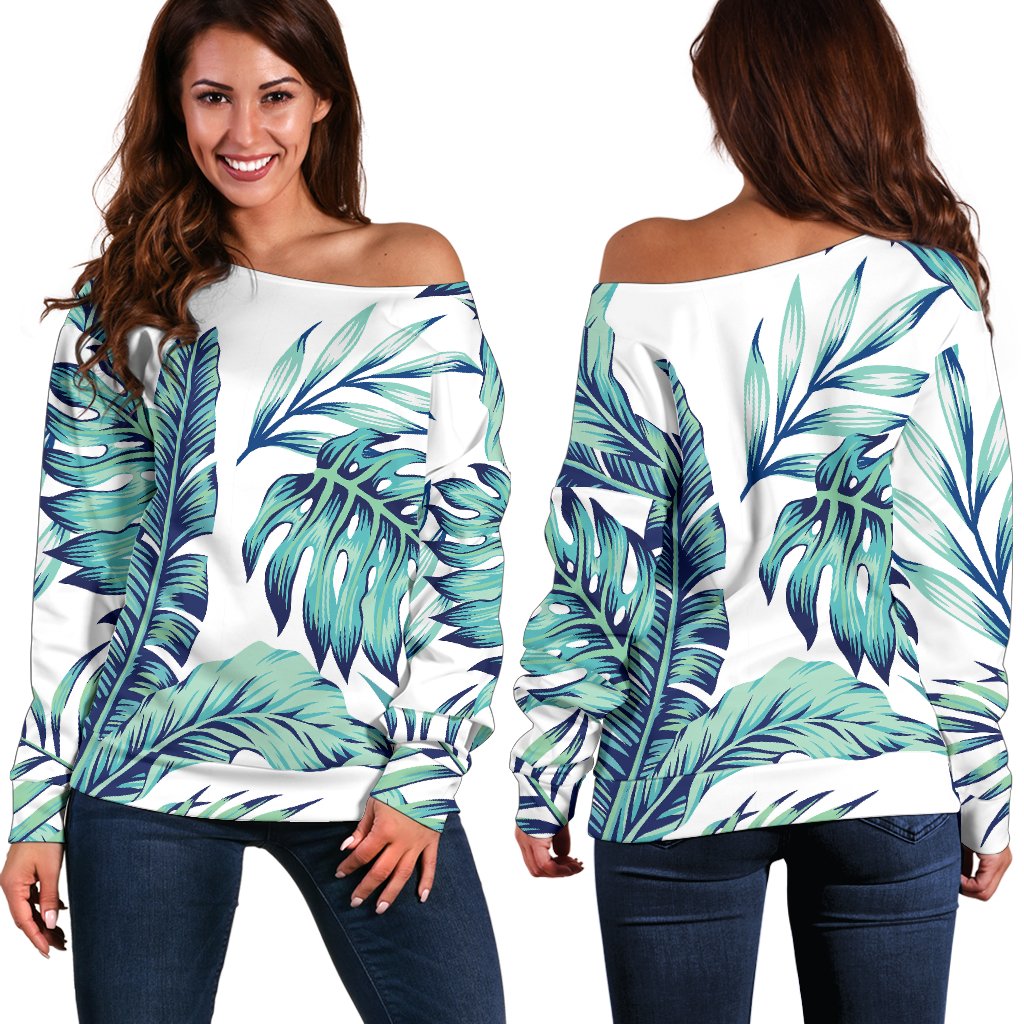 Tropical Palm Leaves Pattern Off Shoulder Sweatshirt