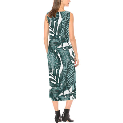 Tropical Palm Leaves Pattern Sleeveless Open Fork Long Dress