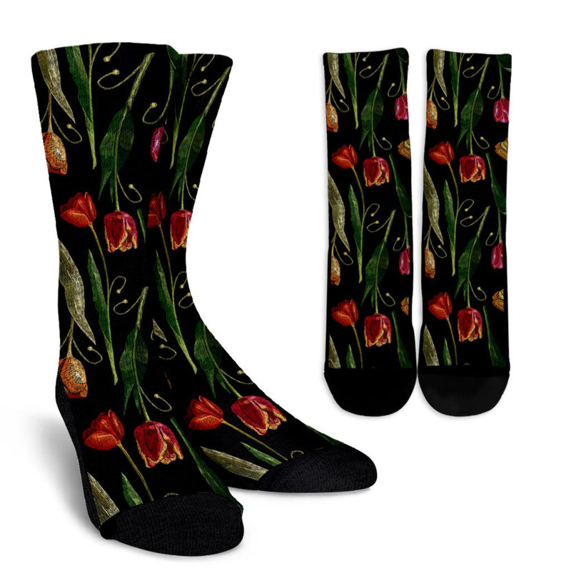 Tulip Embroidered Pattern Print Design TP01 Crew Socks-JORJUNE.COM