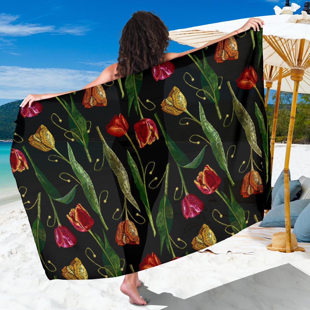 Tulip Embroidered Pattern Print Design TP01 Sarong Pareo Wrap-JORJUNE.COM