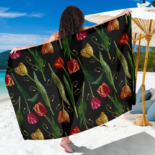 Tulip Embroidered Pattern Print Design TP01 Sarong Pareo Wrap-JORJUNE.COM