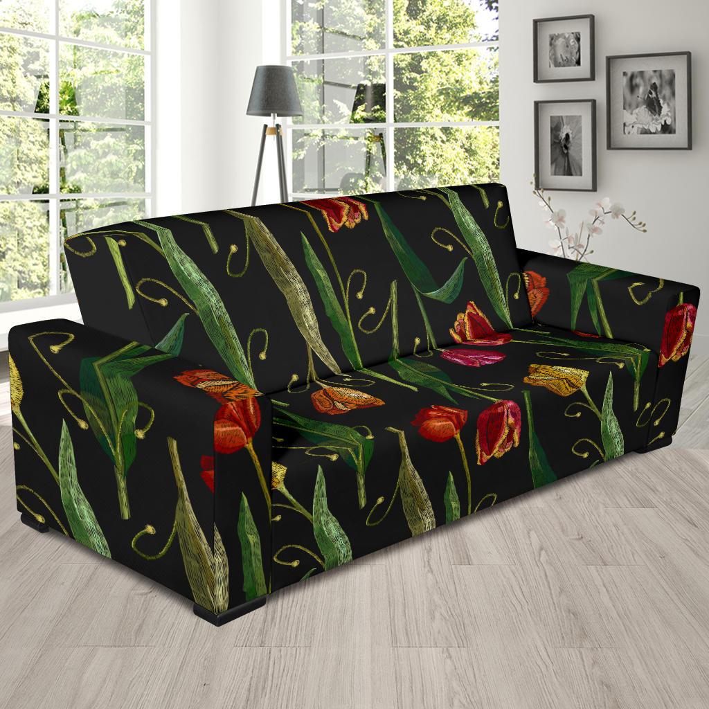 Tulip Embroidered Pattern Print Design TP01 Sofa Slipcover-JORJUNE.COM