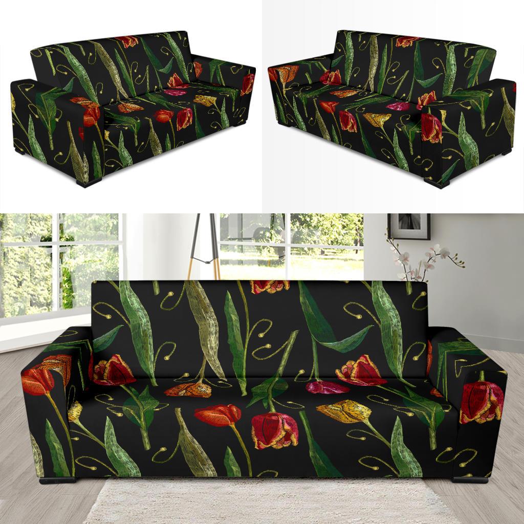 Tulip Embroidered Pattern Print Design TP01 Sofa Slipcover-JORJUNE.COM