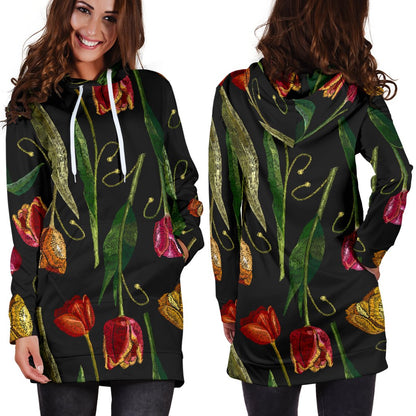 Tulip Embroidered Pattern Print Design TP01 Women Hoodie Dress