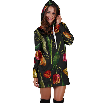Tulip Embroidered Pattern Print Design TP01 Women Hoodie Dress