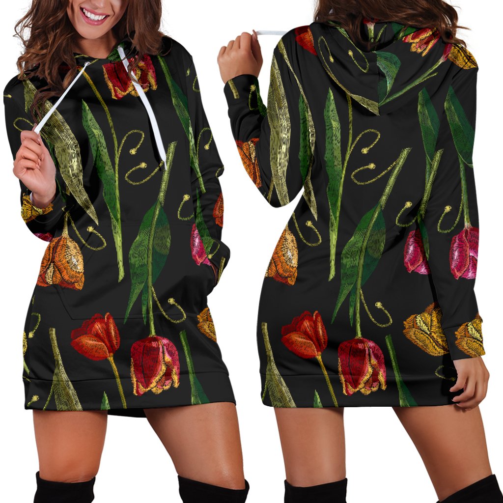 Tulip Embroidered Pattern Print Design TP01 Women Hoodie Dress