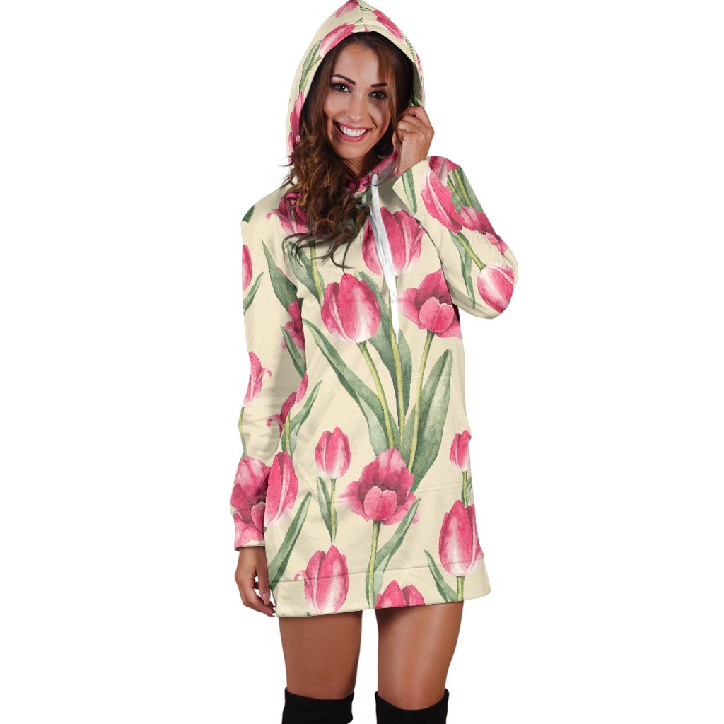 Tulip Pink Pattern Print Design TP06 Women Hoodie Dress