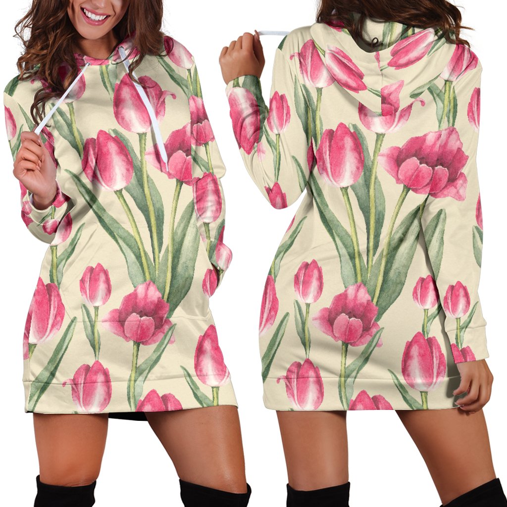 Tulip Pink Pattern Print Design TP06 Women Hoodie Dress