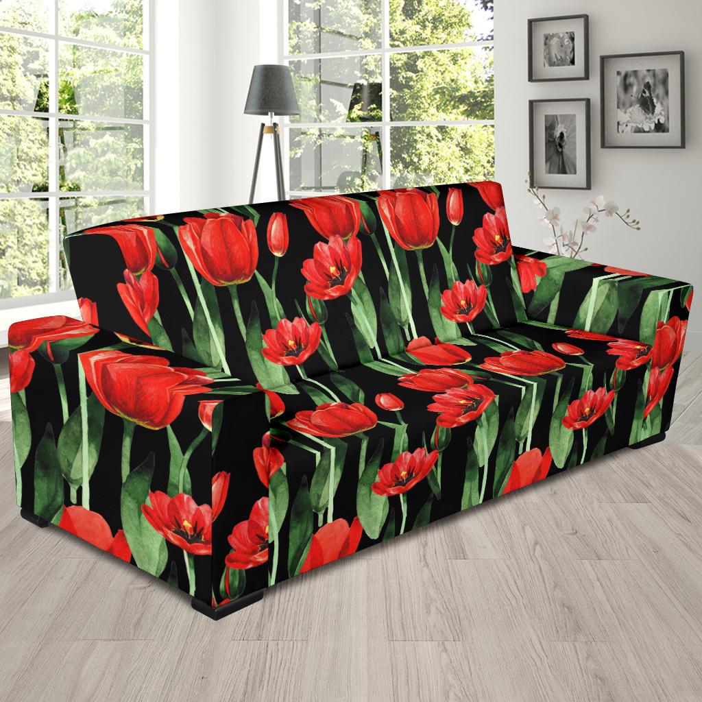 Tulip Red Pattern Print Design TP03 Sofa Slipcover-JORJUNE.COM
