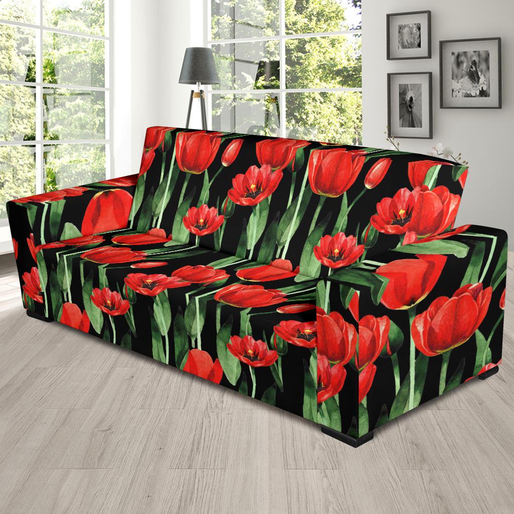 Tulip Red Pattern Print Design TP03 Sofa Slipcover-JORJUNE.COM