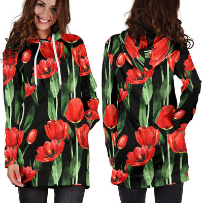 Tulip Red Pattern Print Design TP03 Women Hoodie Dress